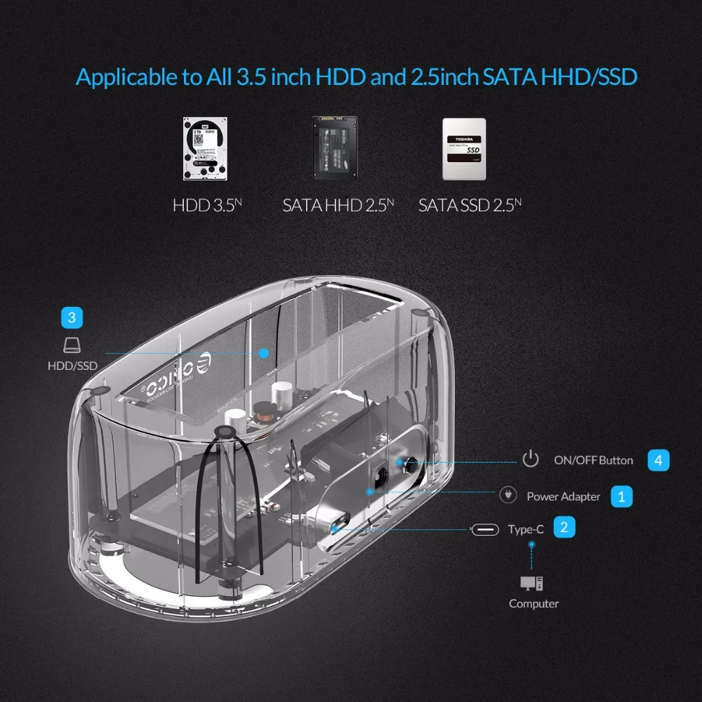 ORICO 6139C3 2 5/3 5 дюйма Type-C прозрачный корпус жесткого диска USB3.1 Gen1 док-станция 8 ТБ