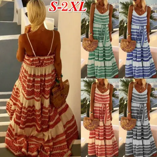 Модные женские летние длинные платья с принтом вечерние свободные пляжные макси