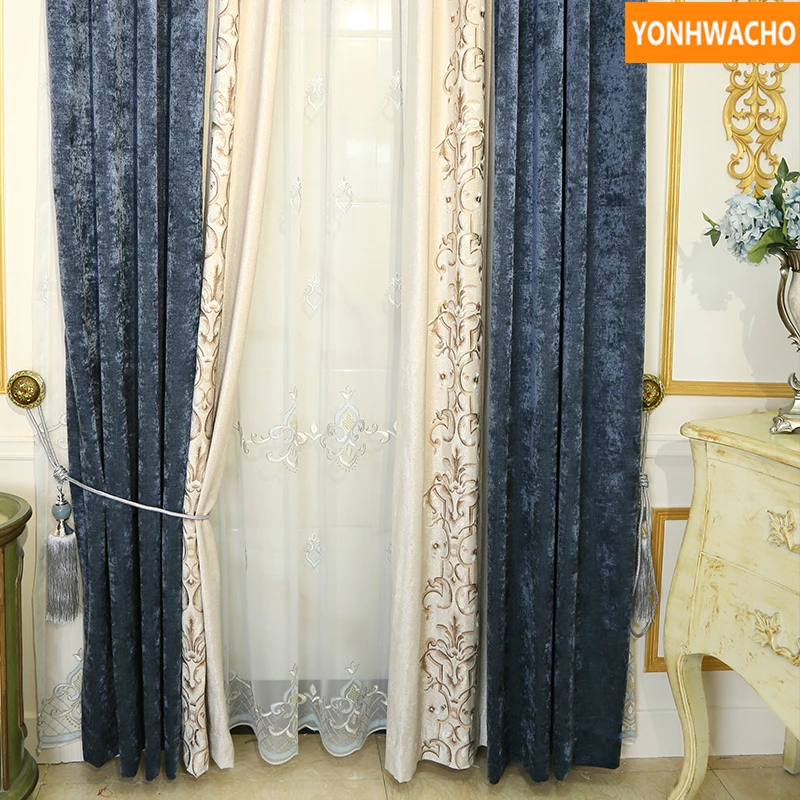 Пользовательские шторы синель бархатные вышитые края гостиная high end синий белая