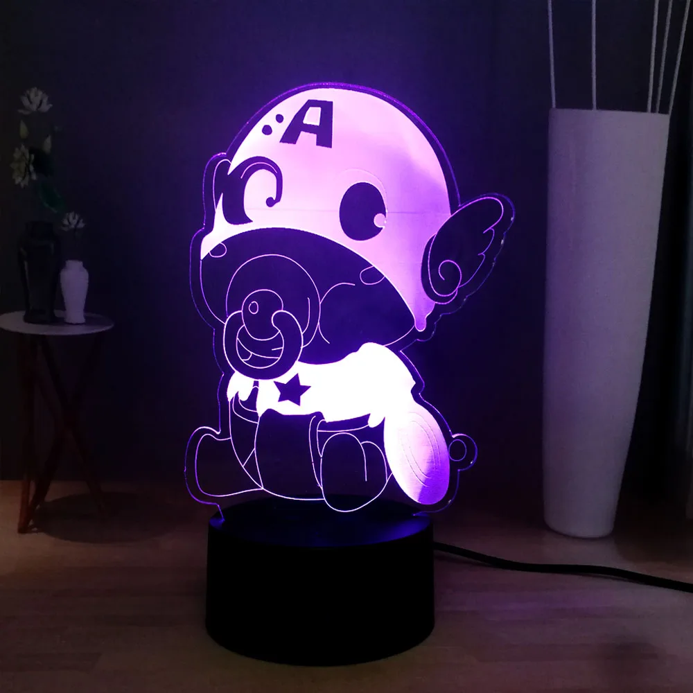 Фильм Marvel мультфильм милый ребенок издание Капитан Америка 3D 7 цветов USB База LED
