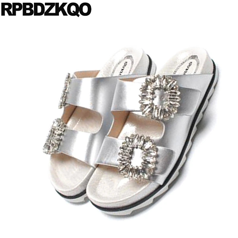Sandals Slipper Jewel Diamond Rhinestone Slides Famous Brand Flat Crystal Burgundy Satin Designer Shoes Women Luxury 2021 Silver | Обувь