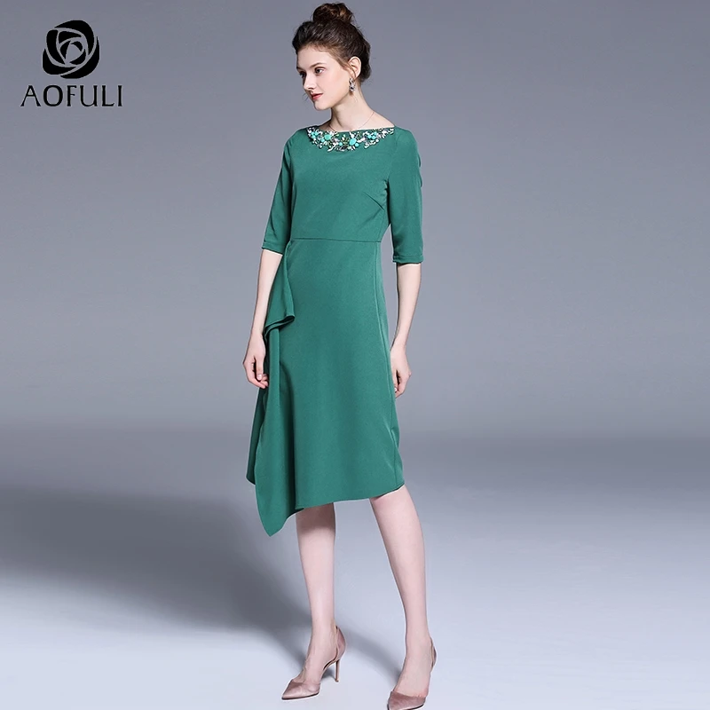 Женское Ассиметричное платье AOFULI L ~ XXXL зеленое плиссированное до середины икры с