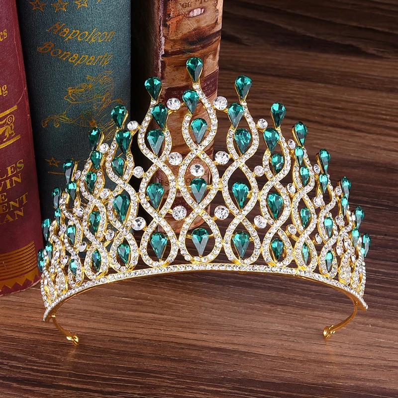 

Huge Tall European Green Red Blue Crystal Tiaras Vintage Gold Rhinestone Pageant Crowns Baroque Women Wedding Hair Accessories