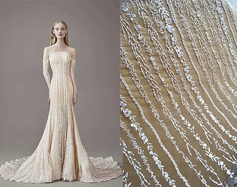 

High quality Vertical Striped Lace Fabric 130cm*45cm Striped Fairy Dress Wedding Dresses accessories Kids sequins lace Fabrics