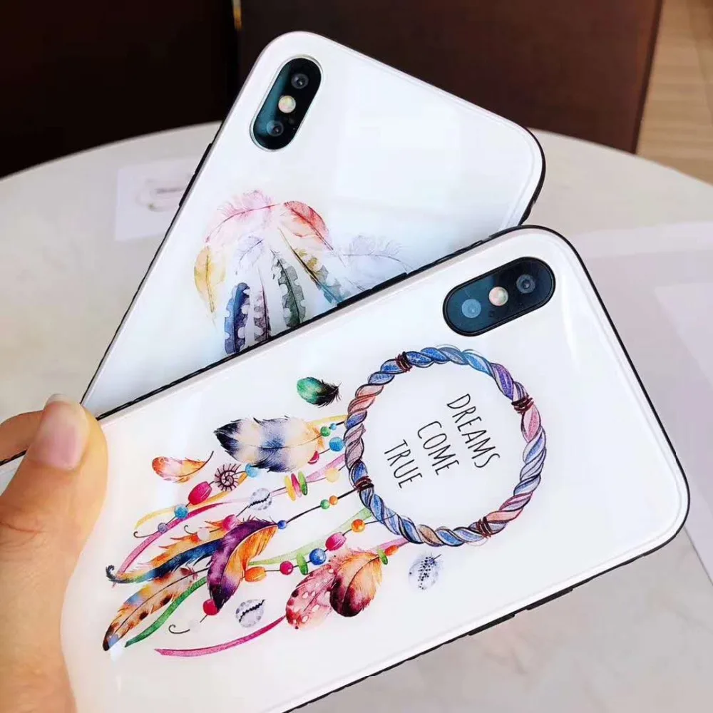 Ловец снов перьевой защитный чехол для iPhone X XS Max XR телефон закаленное стекло крышка чехол для iPhone 6 6s 7 8 Plus