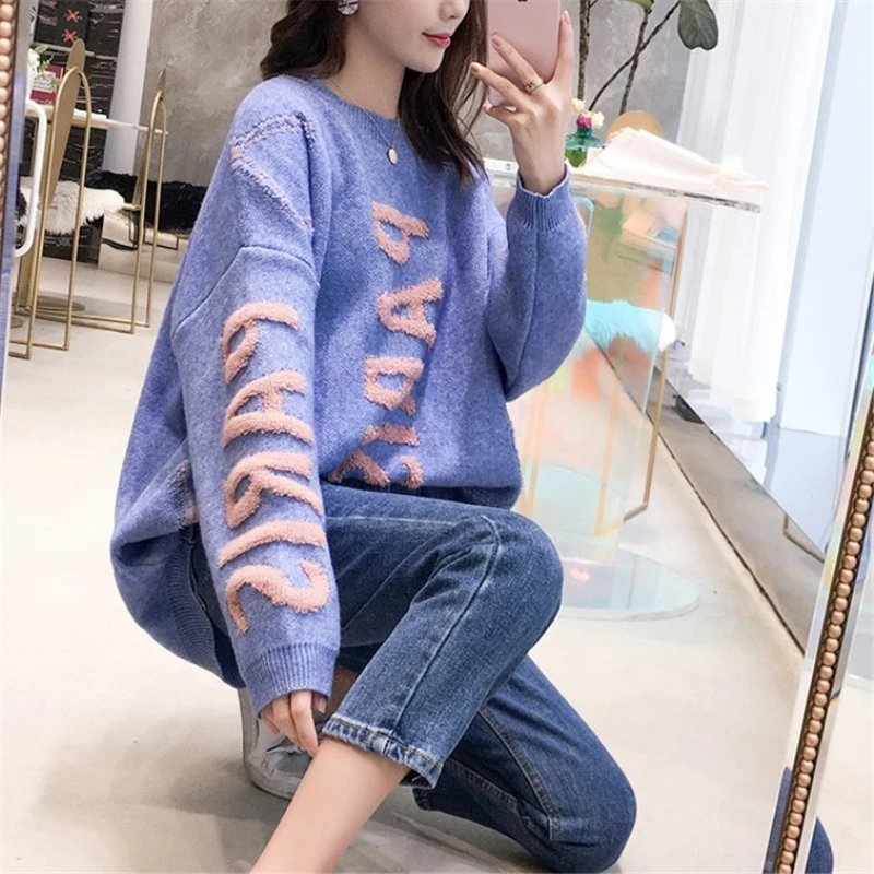 Fashion Women Pullover 2020 Autumn/Winter New Letter Words Sleeves Sweater Loose Knit Thick O-neck Basic/Outwear Khaki Blue | Женская