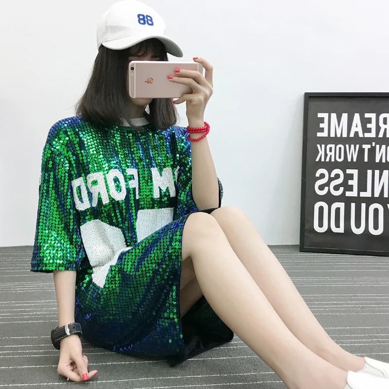

2018 spring and summer new loose slim sequins in the long paragraph personality t-shirt round neck shirt short-sleeved women
