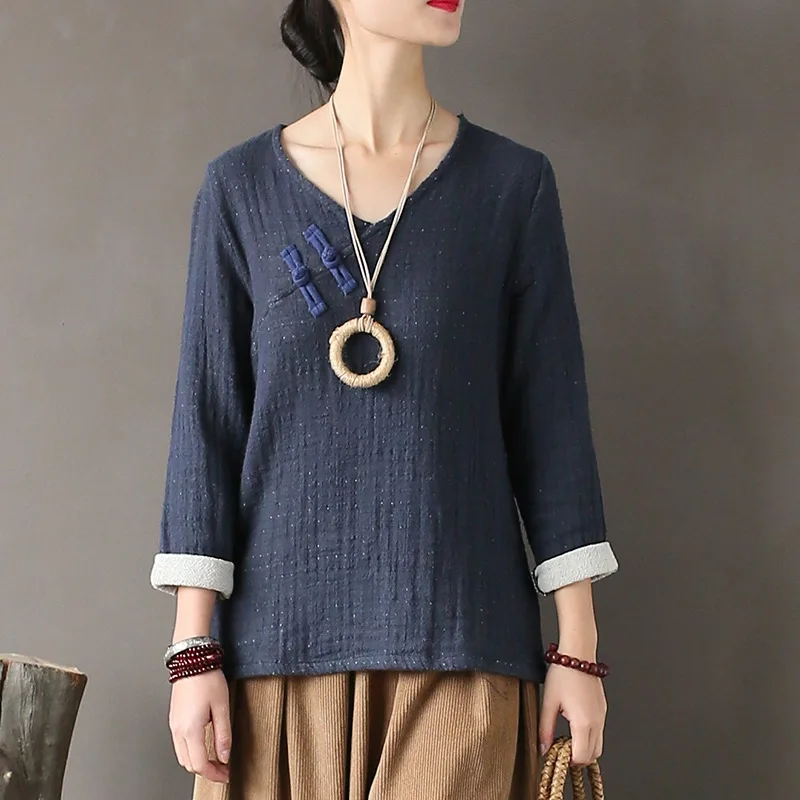 Блузка женская в китайском стиле рубашка из хлопка и льна винтажном приталенная
