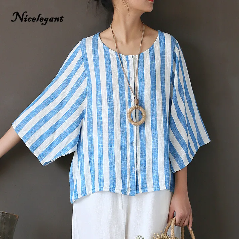 2019 New Women Shirts Vintage Comfortably Thin Half Sleeve O-Neck Cotton Linen Loose Original Casual Tops Female Striped |