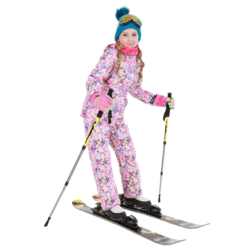 2019 Winter Skiing Suits for Girls Fleece Hooded Children Clothing Sets Outdoor Windproof Kids Snow Outfits Floral Clothes | Спорт и
