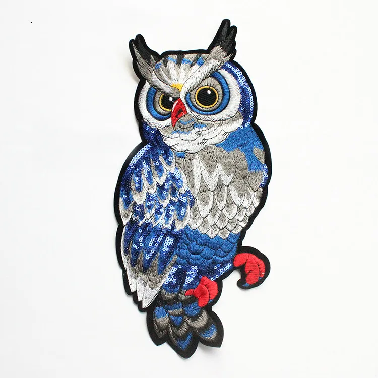 Blue Owl Sequins Embroidery Cloth Patch(sew-on) DIY Clothes Accessories Width 32cm*16cm 2pieces/lot | Lace