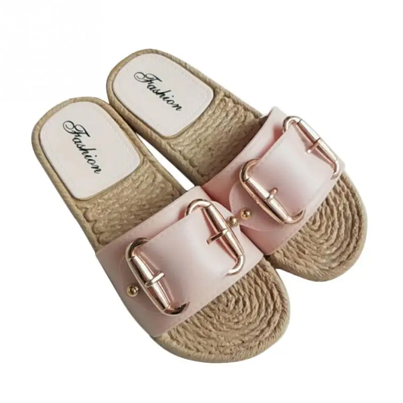 Модные льняные домашние тапочки с пряжкой женская домашняя обувь женские