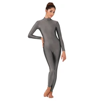 speerise gray woman mock neck long sleeve yoga unitard adult gymnastics dance unitard bodysuit footless dancewear costume