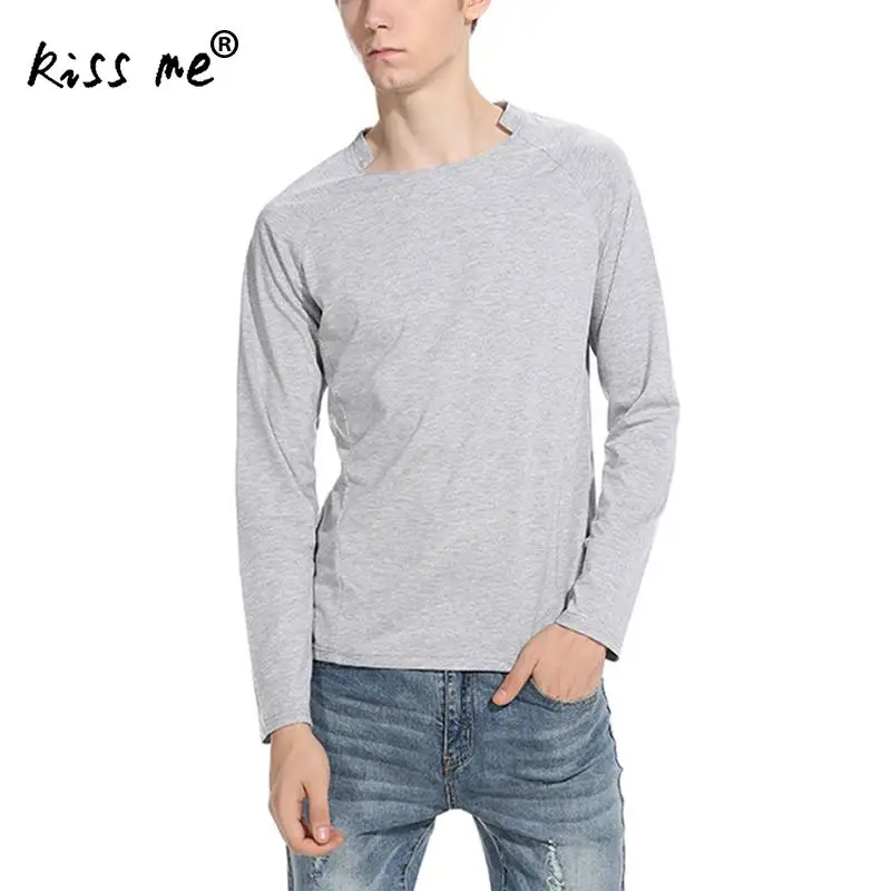 2017 New fashion casual high quality cotton t-shirt solid long sleeved t shirt o neck T-shirt print men | Мужская одежда