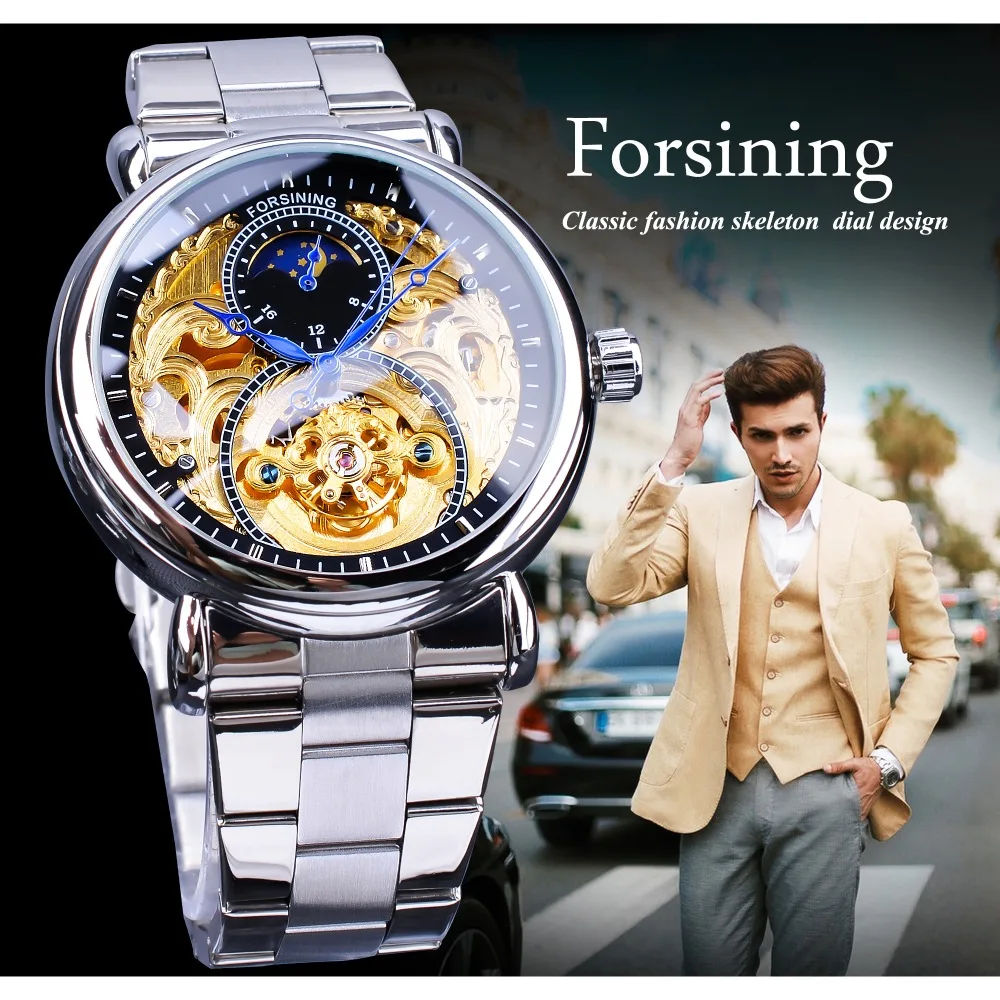 Forsining 2019 Royal Moon Phase золотые прозрачные часы мужские автоматические топ бренд