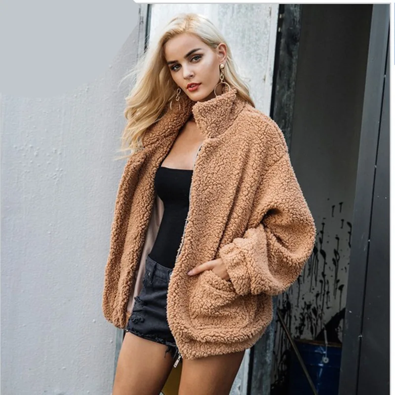 

2019 Long Sleeve Turtleneck Pockets Loose Cardigans Ladies Fashion Outwear Fluffy Shaggy Oversized Coats Zipper Outwear
