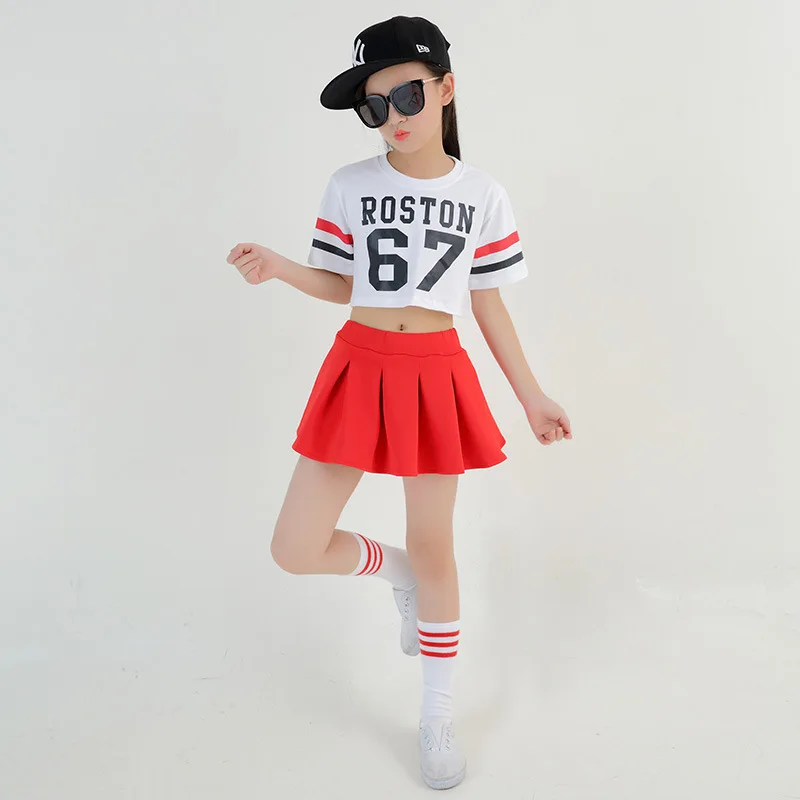 

Kid Hip Hop Clothing Dancing Costume White Cropped Tops Sweatshirt Red Skirt for Girls Jazz Dance Clothes Ballroom T Shirt Wear