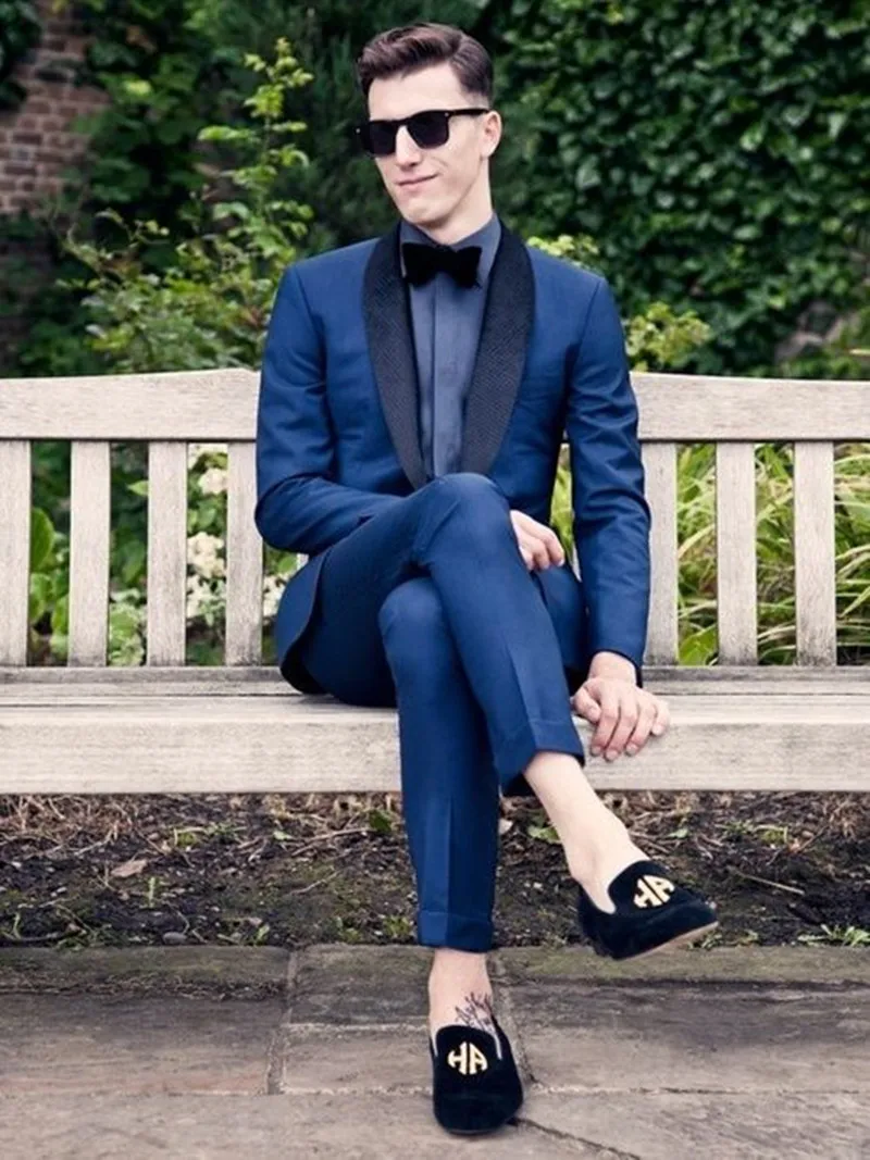 

Navy Blue Shawl Lapel Men's Fashion Casual Business Suits Men Formal Groomsmen Tuxedos Suits 2 Piece Custom Made Terno Masculino