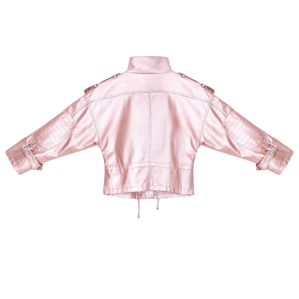 

2019 New Arrival Spring Autumn Women Casual PU Faux Leather Jackets Lady Fashion Free Loose Batwing Sleeve Coat Outerwear Pink
