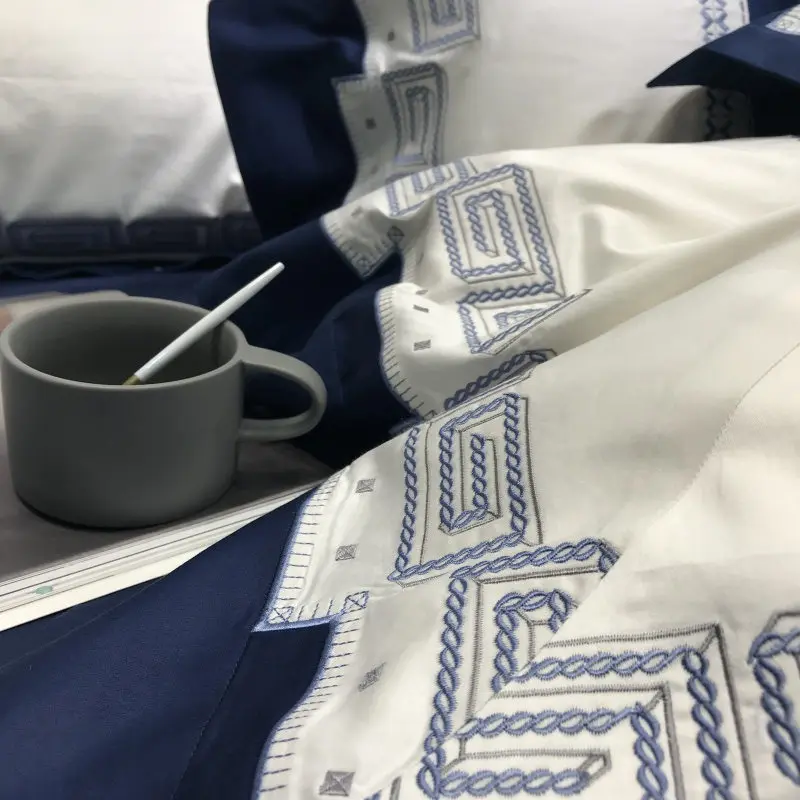 Home Bedding Sets Blue egyptian cotton Soft duvet Cover embroidery Bed Set pillowcase King size Queen 4pcs |