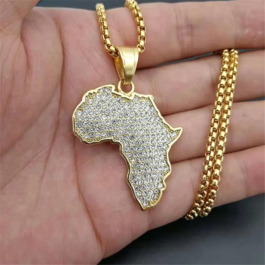Collares con colgantes de estilo Hip Hop para mujer y hombre, cadena de acero inoxidable, con diseño de mapa africano, Color dorado, joyería etíope, XL1224