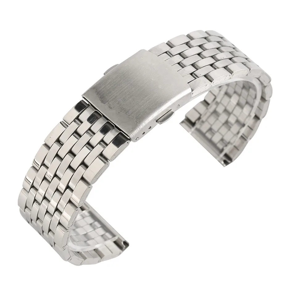 

18/20/22mm Silver Hollow Stainless Steel Watch Strap Folding Clasp with Safety Band for Men Women Watches Replacement Bracelet