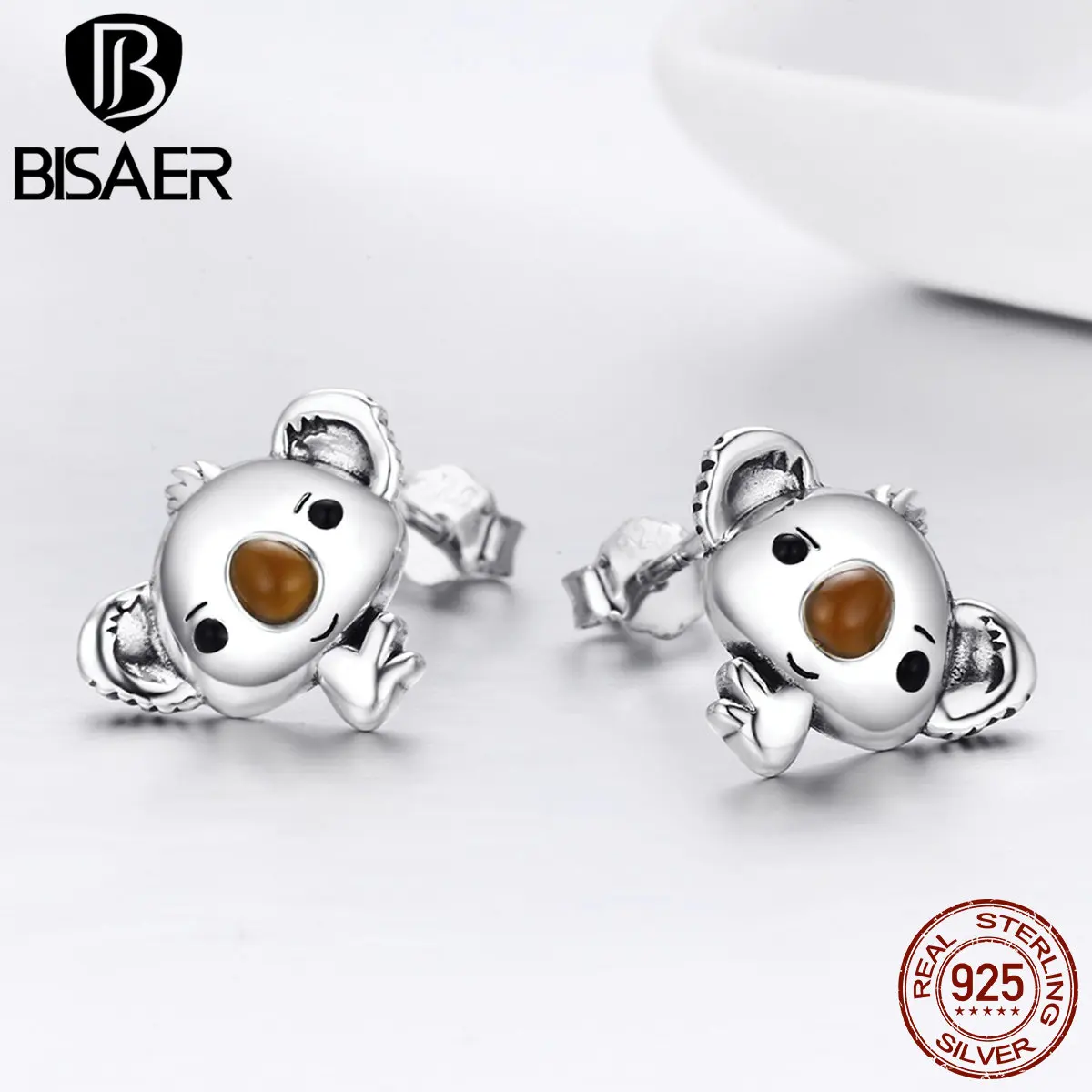 Женские серьги пусеты BISAER из серебра 925 пробы с коаловым медведем Ювелирное