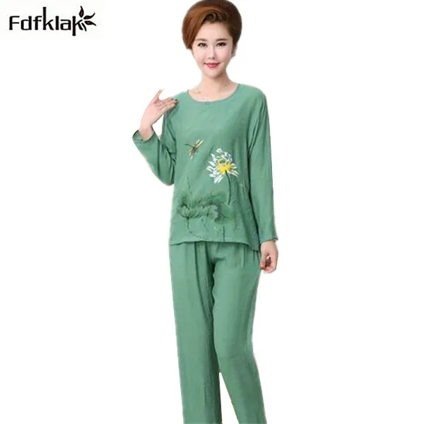 XL-4XL Plus size winter pajamas long sleeve o-neck ladies cotton linen nightwear casual print pijama suit pyjamas women 8 colors | Женская