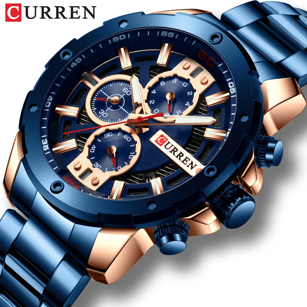 

Relogio Masculino CURREN New 2019 Watch Causal Chronograph Calendar Watch Creative Blue and Rose Gold Stainless Steel Wristwatch