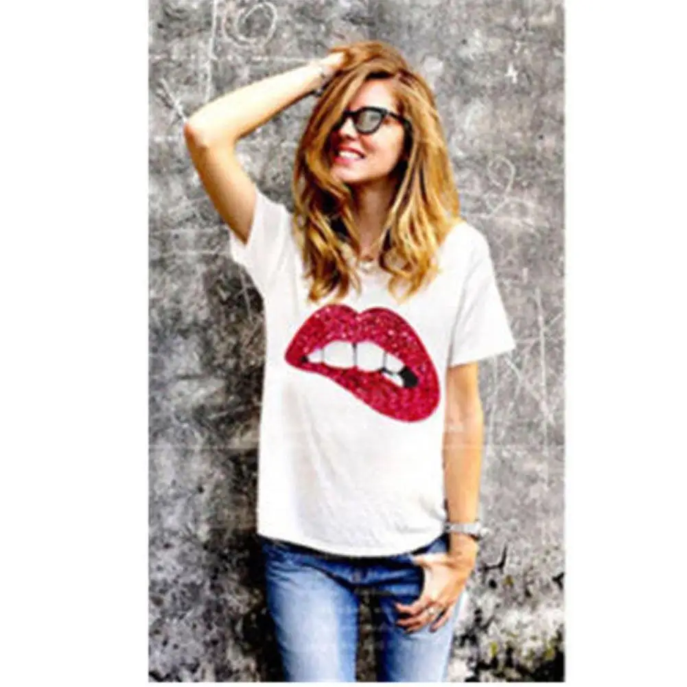 Летний стиль круглый воротник блестки зеленые красные губы сексуальная женская