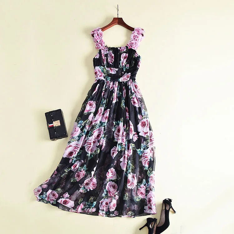 Длинное платье с аппликацией розы и цветочным принтом 2018 женское летнее богемное