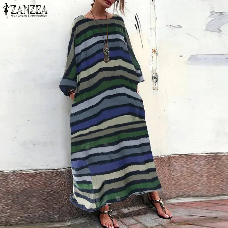 ZANZEA женское платье макси размера плюс длинное Vestidos женское платье с принтом s богемное платье в полоску летний сарафан платье для пляжной вечеринки