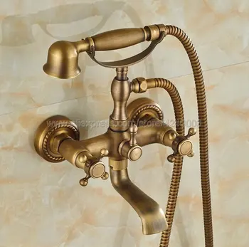 Antique Bronze Dual Handles Brass Bathtub Faucet Set Wall Mount with Handshower Bath Shower Mixer Taps Ktf024