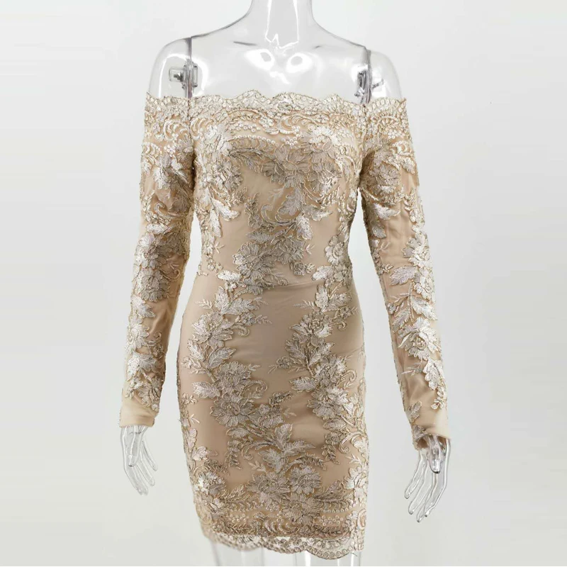 платья сетки с вышивкой Золотые Bodycon женские открытыми плечами кружевные Винтаж