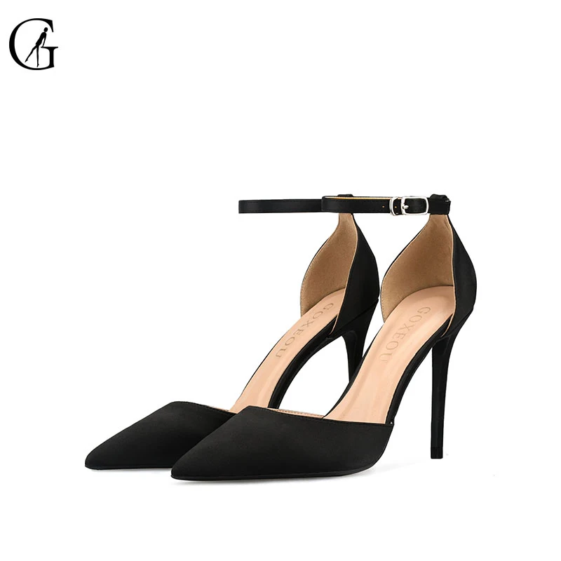 GOXEOU Women's Pumps Satin Ankle Strap D'Orsay Pointed Toe High Heels Party Sexy Nightclub Fashion Office Lady Shoes Size 32-46