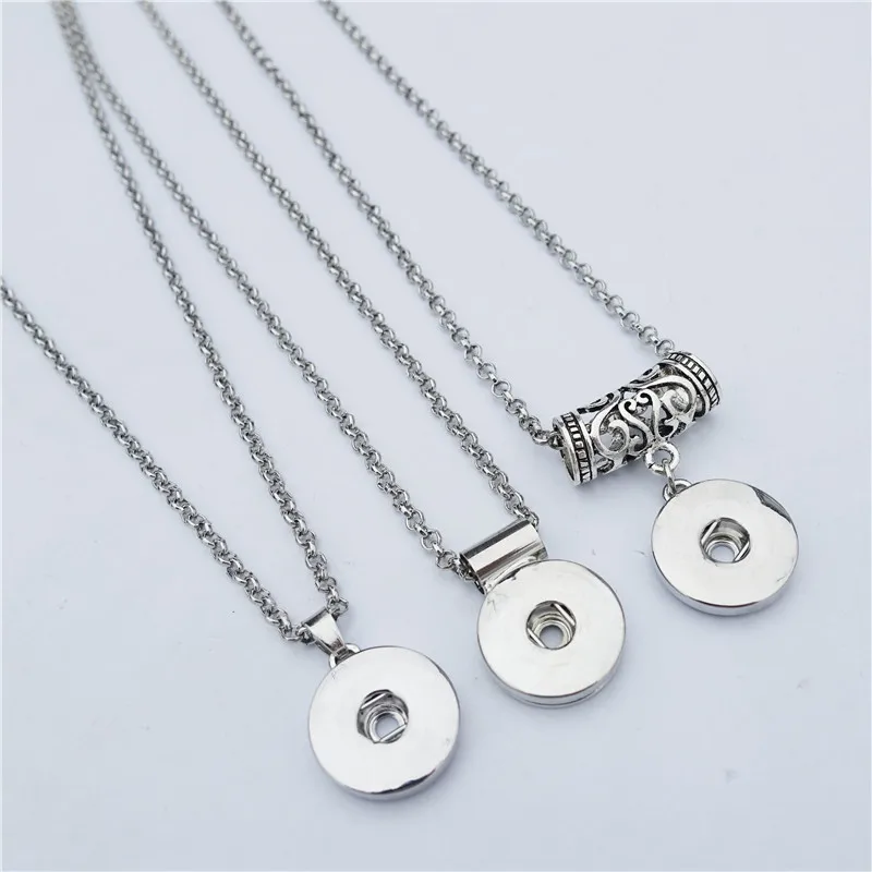 

3 Styles Mix 18mm Snap Buttons Pendant Necklace Copper Socket Dangle Charm, Black Cord, O Link Chain, Unisex Women Men 12 Pieces