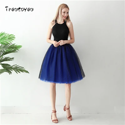 Navy Royal Blue Винтажная кружевная Тюлевая Женская юбка в горошек, летняя плиссированная женская Юбка До Колена, Лолита faldas Saia Jupe - Цвет: Navy Royal Blue