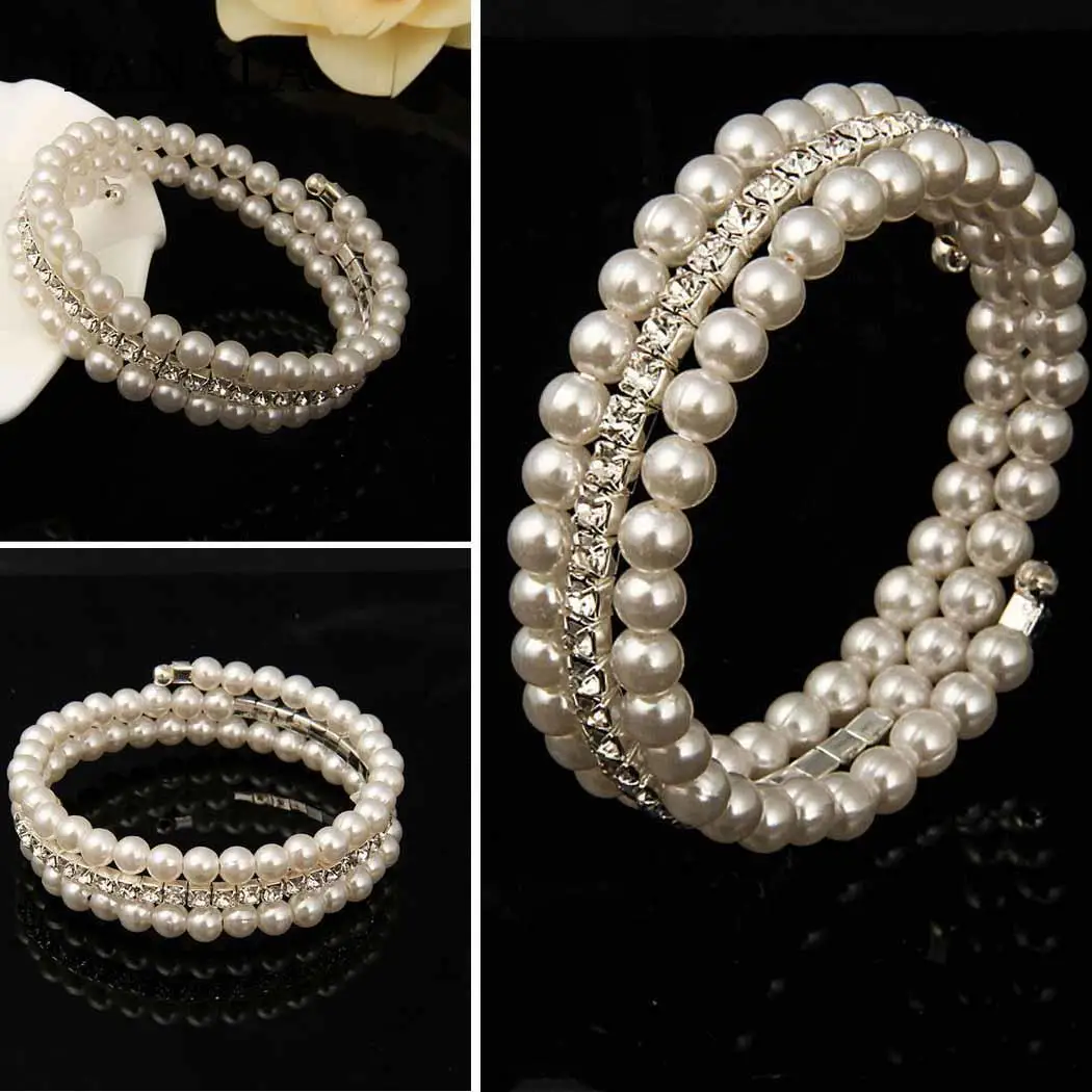 Multilayer Women Fashion Faux Pearl Rhinestone New Open Bangle Bracelet | Украшения и аксессуары