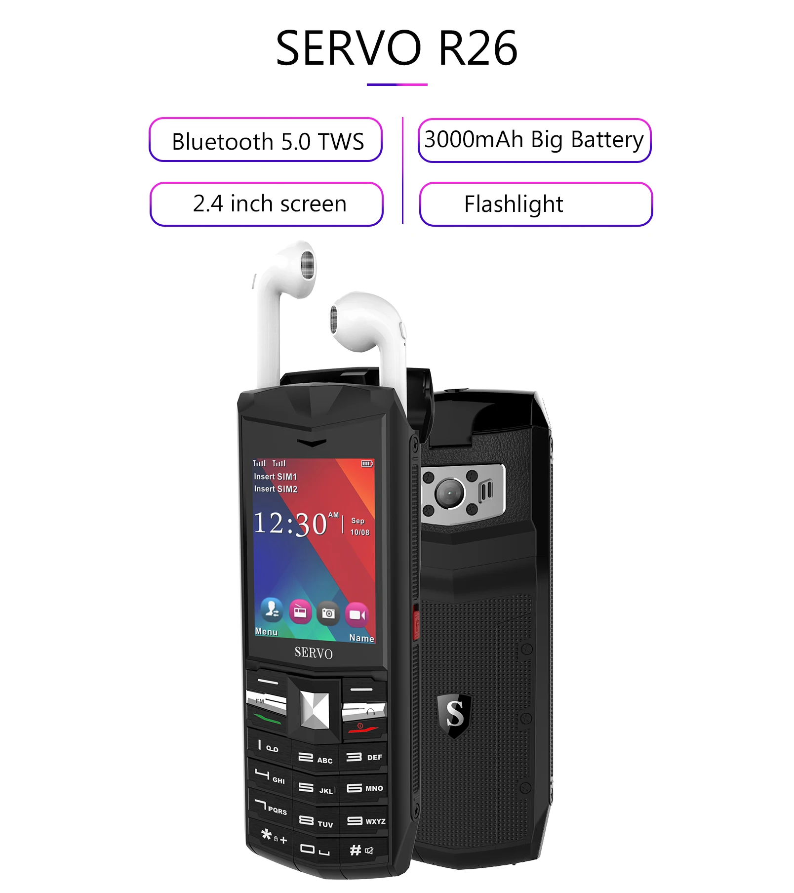 SERVO R26 2," мобильный телефон с TWS 5,0 Bluetooth беспроводные наушники 3000 мАч Внешний аккумулятор GSM GPRS 2 sim-карты мобильного телефона