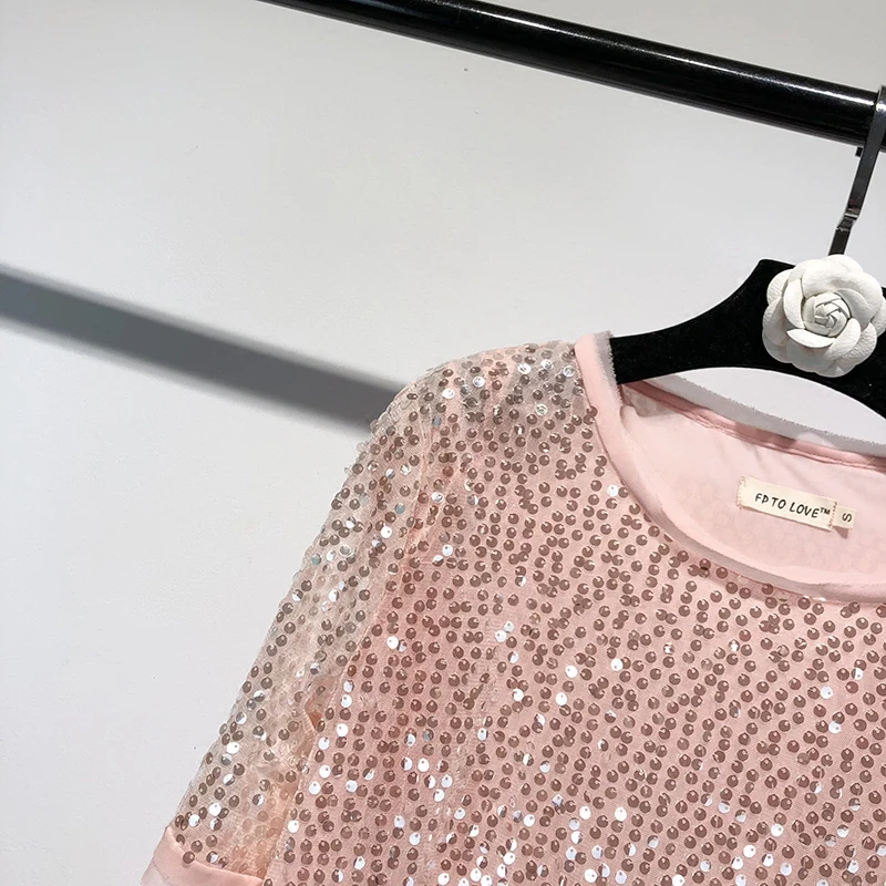 Boho Лето Женщины платье моды шить с короткими рукавами и круглым вырезом блестками розовый пляжная одежда Femme