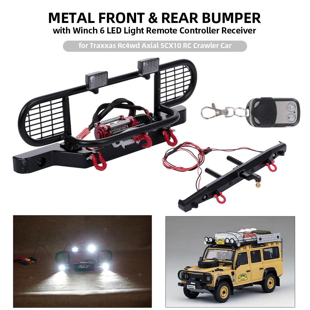 

Metal Front & Rear Bumper with Winch 6 LED Light Remote Controller Receiver for Traxxas Rc4wd Axial SCX10 RC Crawler Car