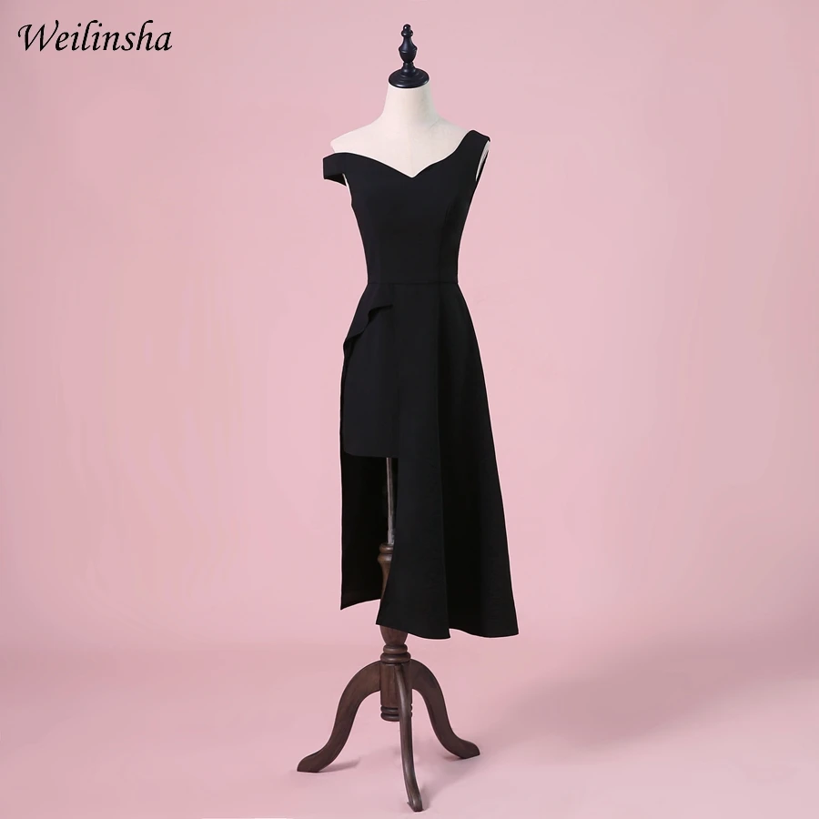 

Weilinsha Cheap Tea Length Evening Dresses Sleeveless Simple Little Black Dress Side Slit Short Prom Gowns Custom Size
