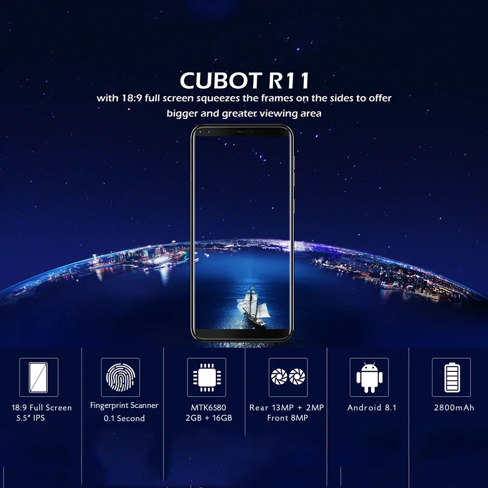 CUBOT R11 мобильного телефона Android 8 1 5 &quotMTK6580 1. 3g Гц 4 ядра 2 GB + 16 двойной камеры заднего