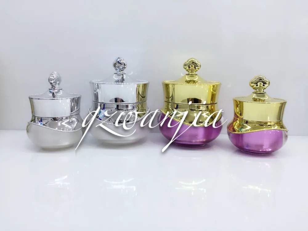 

wholesale 100pcs 10g 15 pearl white purple and gold upscale Crown mini Cream bottle, Acrylic cosmetic 10g 15g jar for sale