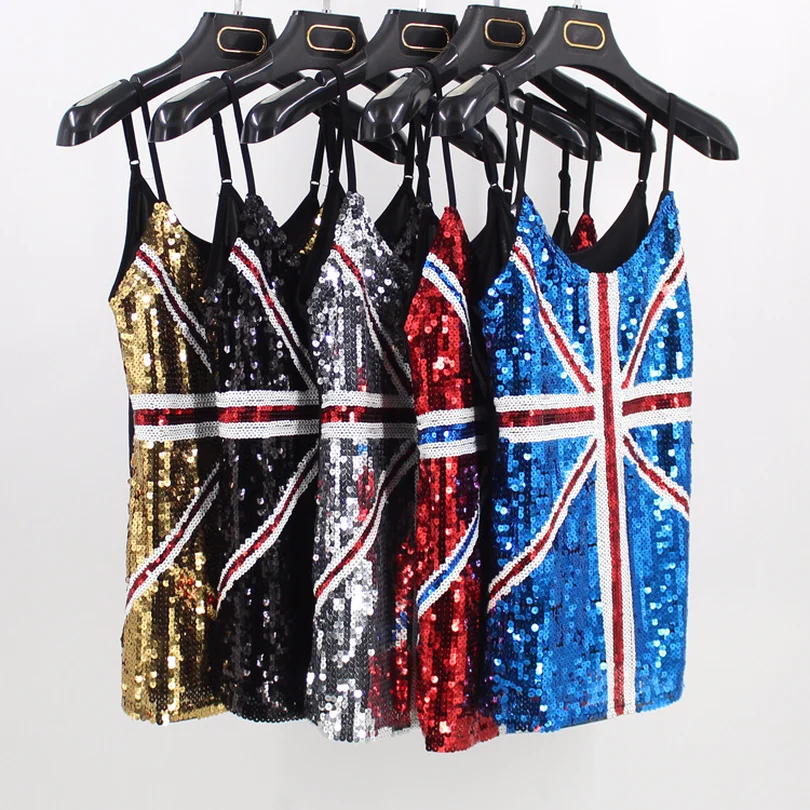 Женские сценические костюмы британский флаг Юнион Джек Sequin Tank Top Sexy Slim Mesh