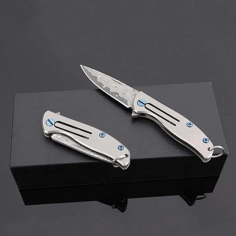 TAC-23 Outdoor titanium alloy knife handle folding field survival Damascus steel key chain fruit | Спорт и развлечения