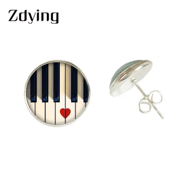 Серьги гвоздики ZDYING Love Heart Piano Keys стеклянные кабошоны для фортепианной клавиатуры