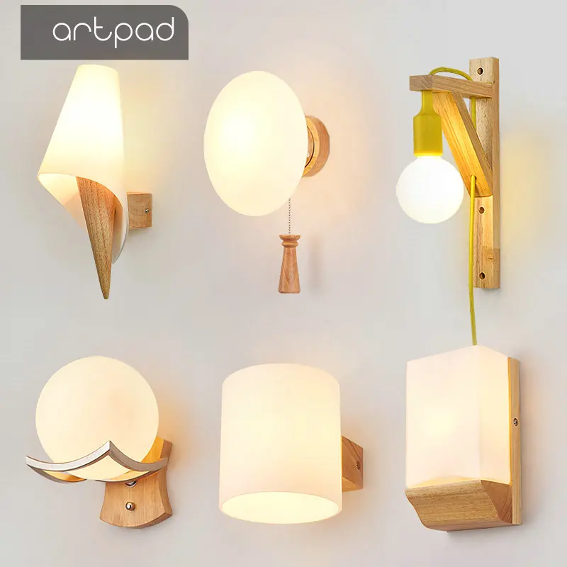 

Artpad Creative Modern Led Indoor Wall Lamps E27 Base Glass Lampshade Drawing Room Corridor Hotel Bedroom Bedside Light Wood