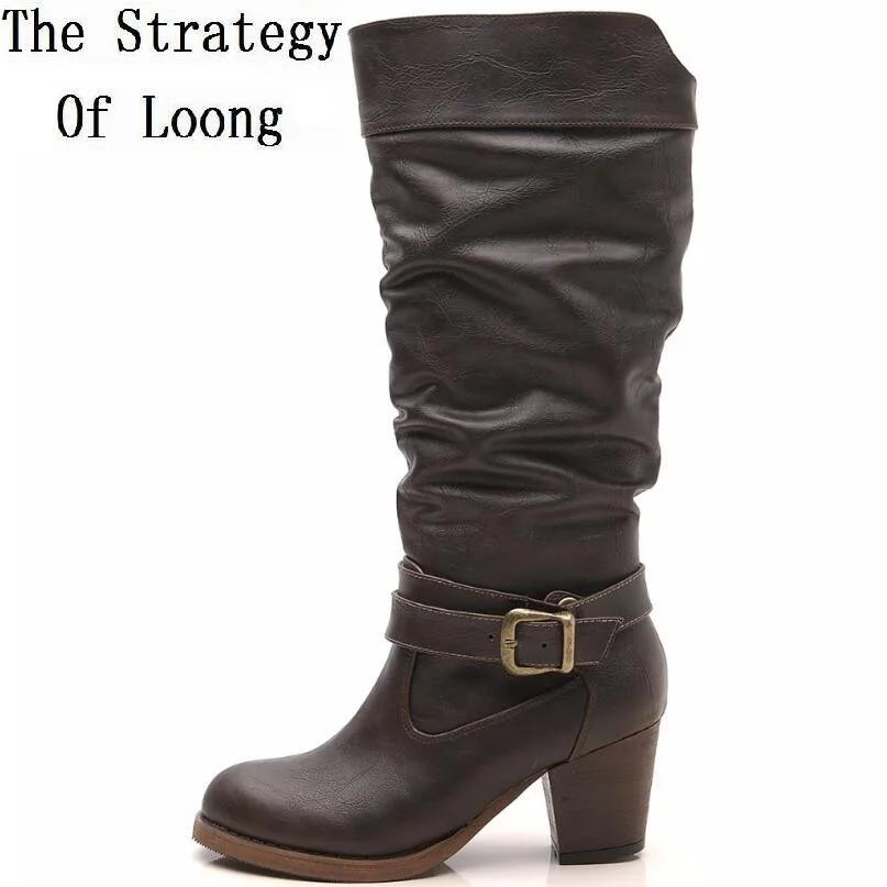 Женские винтажные полусапожки на толстом каблуке с пряжкой и плюшевой