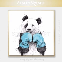 new arrivals hand painted fine art funny animal panda boxing oil painting hand painted panda oil painting for wall decoration